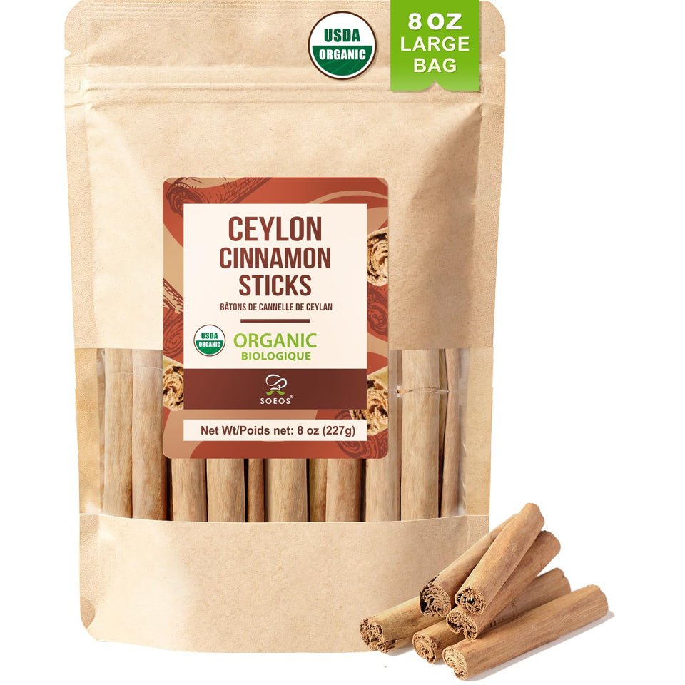 Soeos Ceylon Cinnamon Sticks in an 8 oz pack for baking and aromatic beverages.