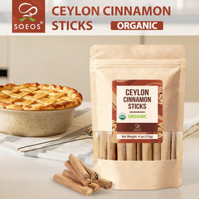 Soeos Ceylon cinnamon sticks close-up, premium aroma for mulled drinks and desserts.