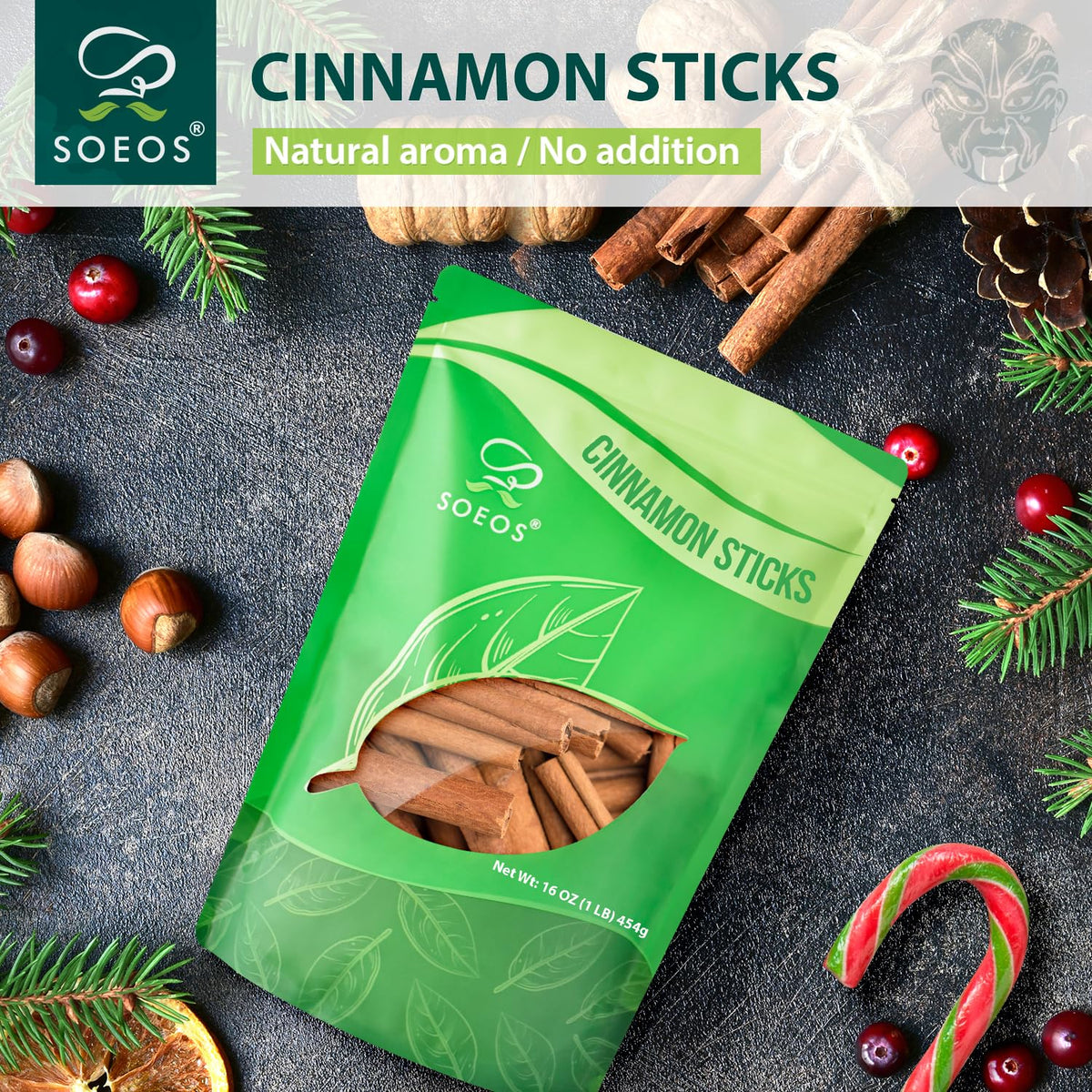 Soeos Cinnamon Sticks whole, 3.5-inch length for steady infusion.