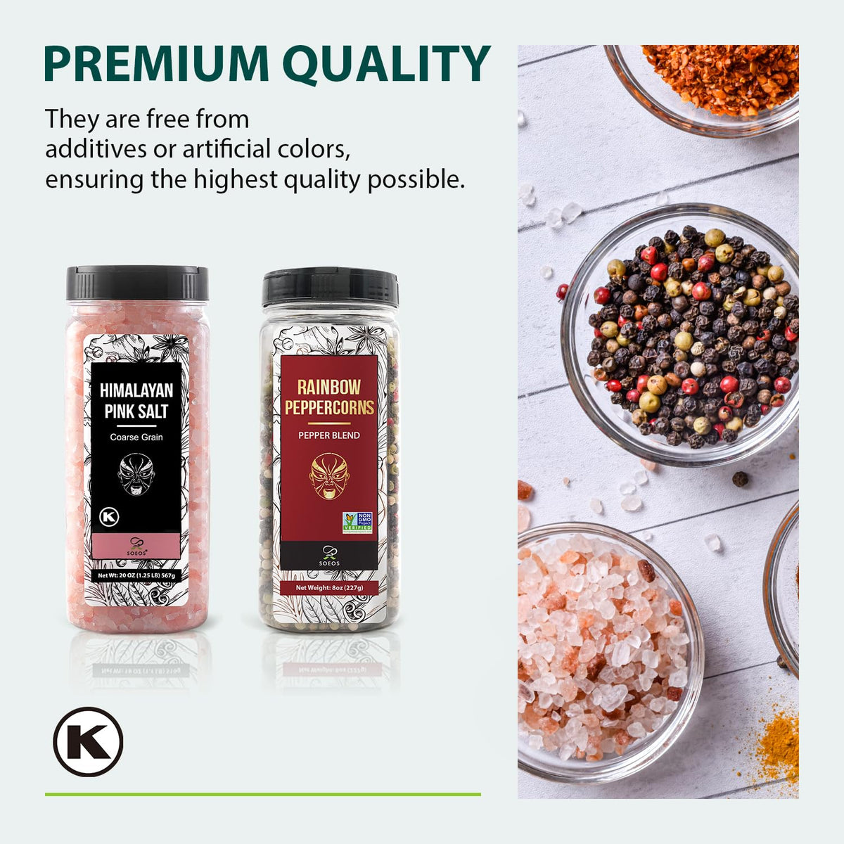 Soeos coarse Himalayan salt, mineral-rich finishing touch.