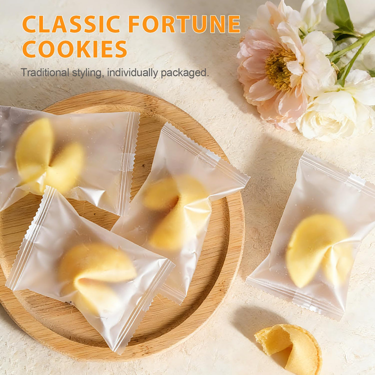 Soeos crisp fortune cookies on display for parties and events