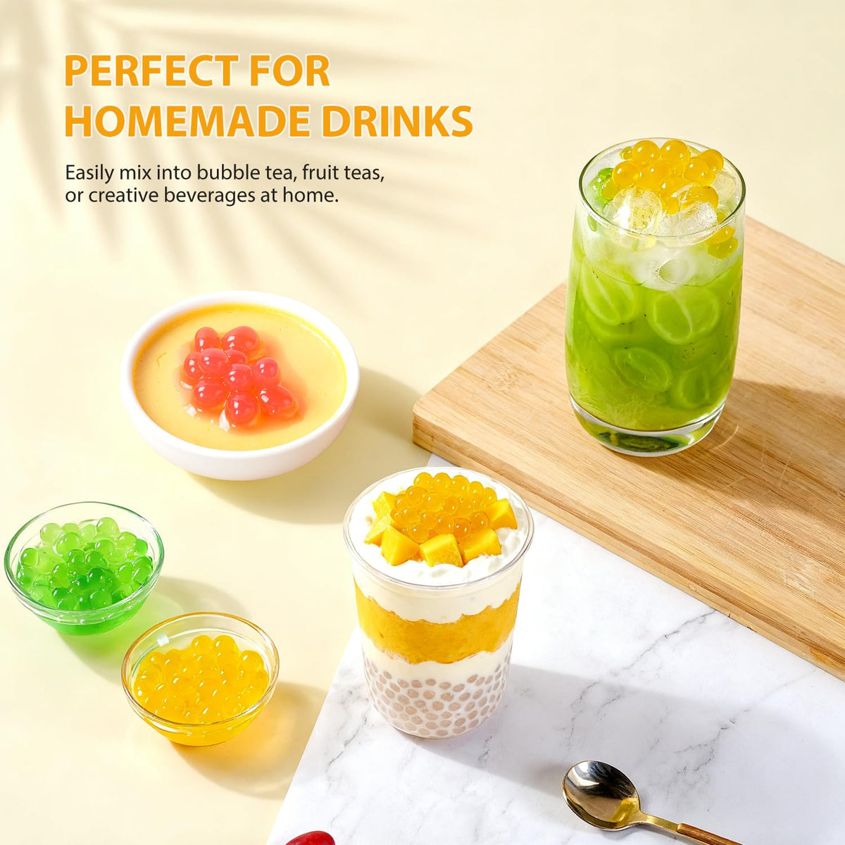 Soeos dessert topping ice cream and yogurt bubbles provide playful, juicy bursts.