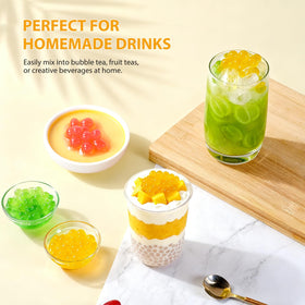 Soeos dessert topping ice cream and yogurt bubbles provide playful, juicy bursts.