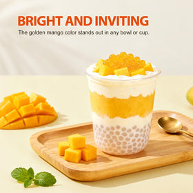 Soeos dessert topping pearls on ice cream adding color and fruit flavor.