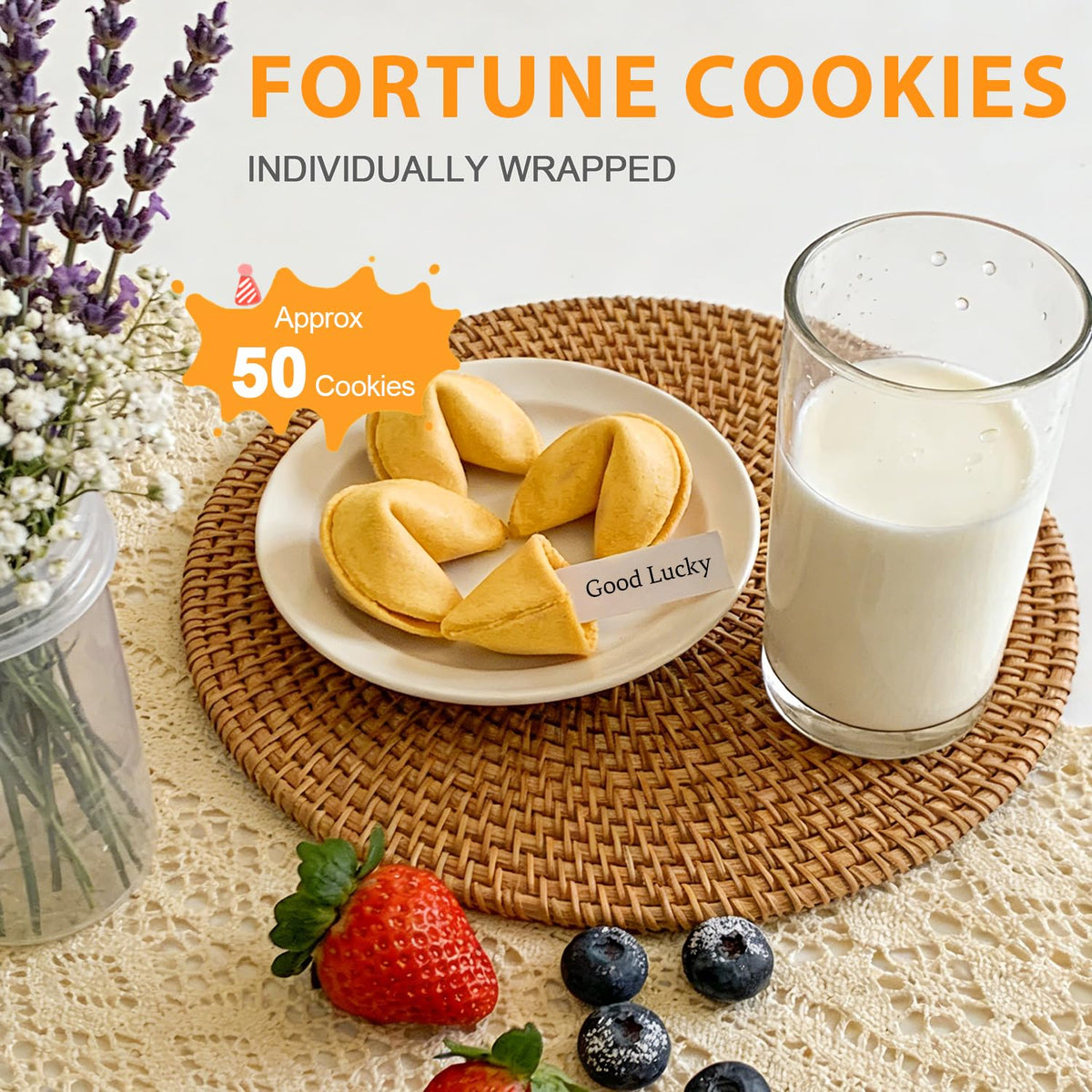 Soeos fortune cookies on a table display for celebrations.