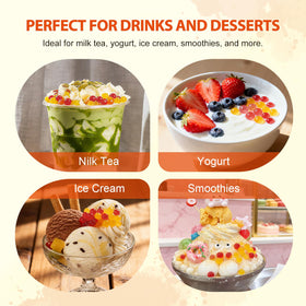 Soeos colorful popping boba pearls elevate yogurt and desserts with tropical vibes.