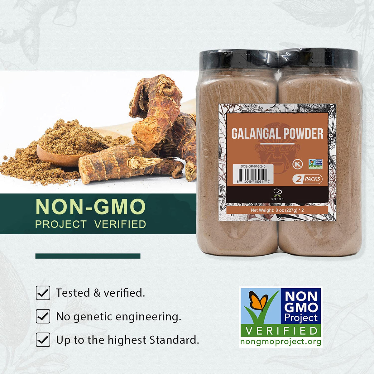 Label and ingredients show Non-GMO Kosher galanga authenticity