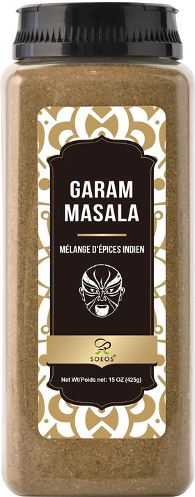 Soeos Garam Masala bottle front showing vegan, gluten-free spice blend boosts flavor in curries.