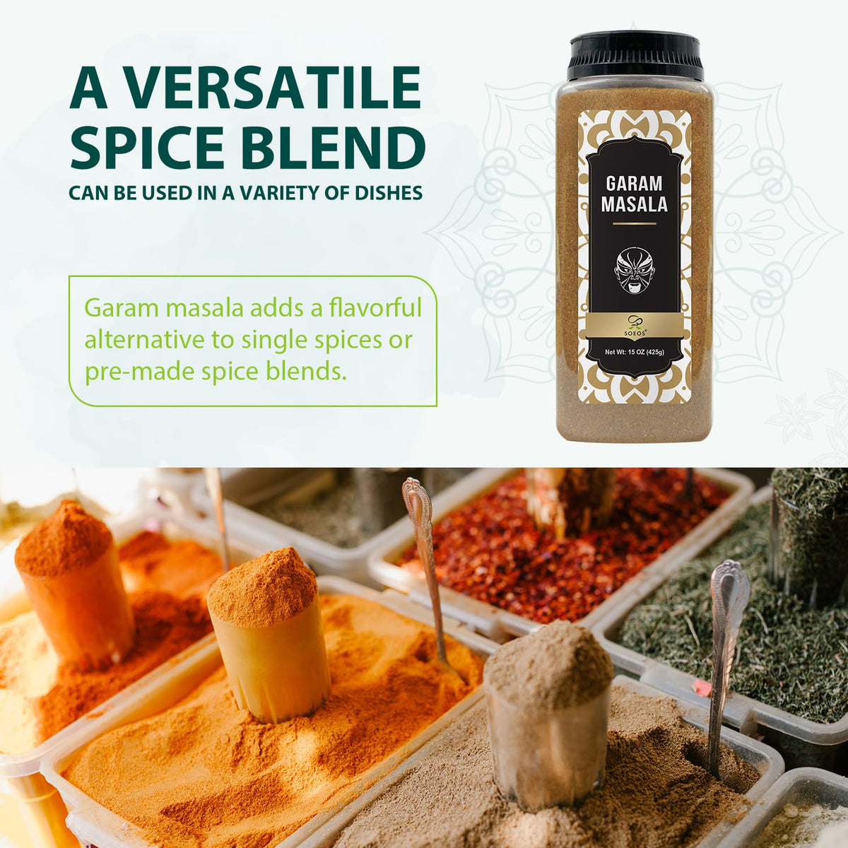 Soeos Garam Masala jar side highlights an 8-spice blend for daily flavor.