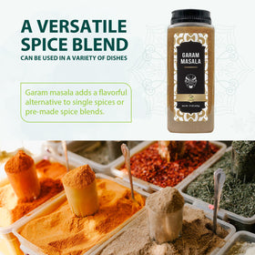 Soeos Garam Masala jar side highlights an 8-spice blend for daily flavor.
