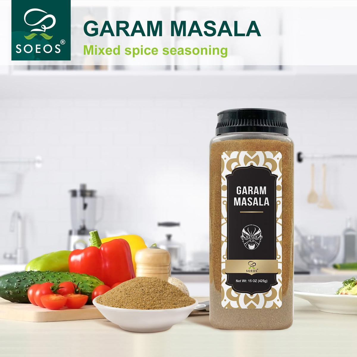 Soeos Garam Masala packaging shows salt-free, color-free vegan blend.