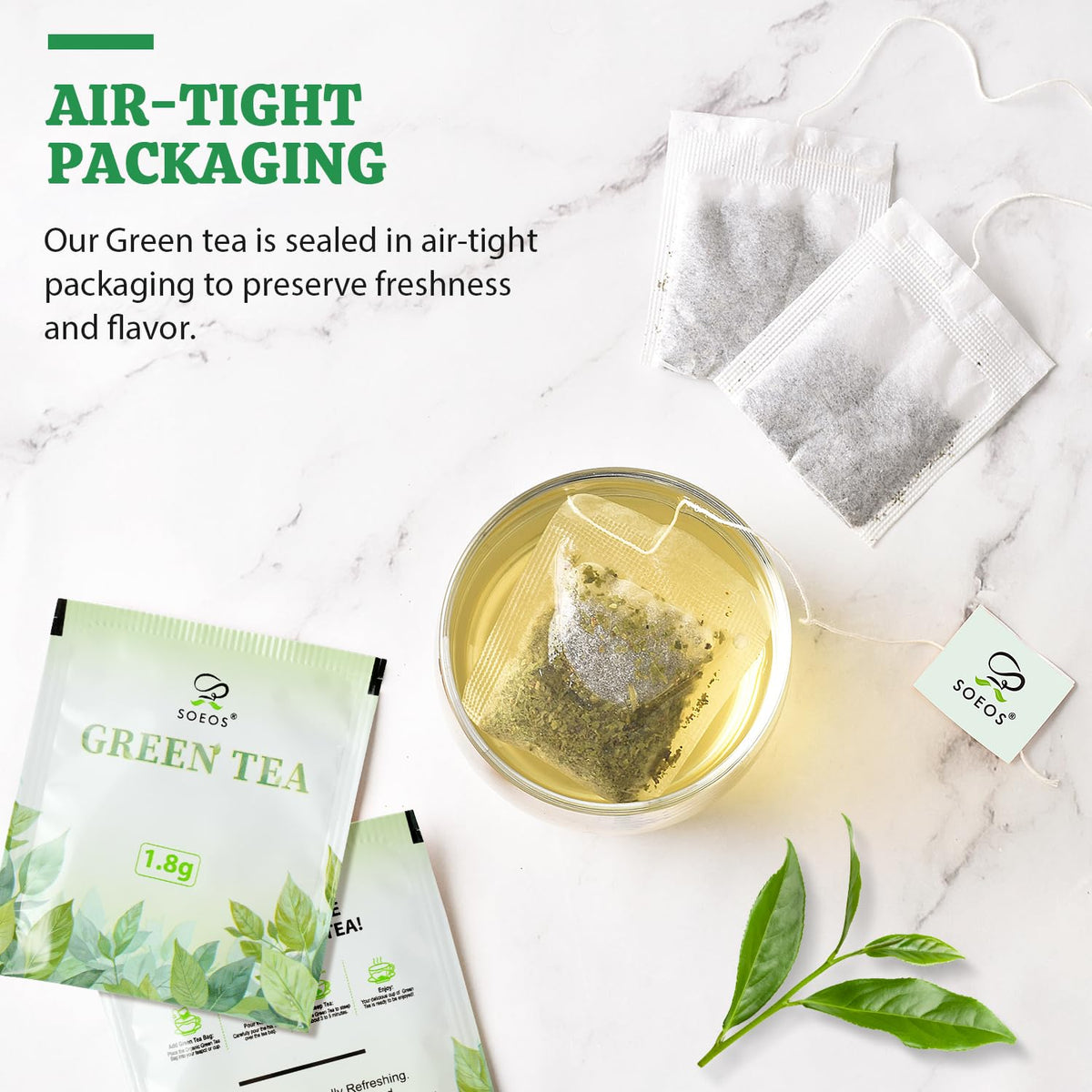 Soeos Green Tea 2x200 bags per pack on display.