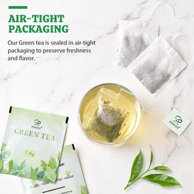 Soeos Green Tea 2x200 bags per pack on display.