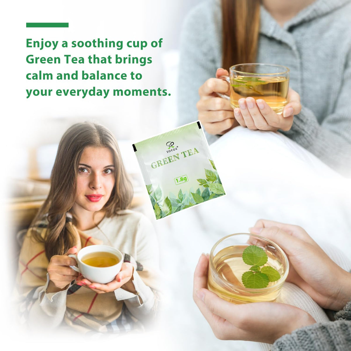 Soeos Green Tea cup steaming, inviting refreshment.
