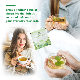 Soeos Green Tea cup steaming, inviting refreshment.