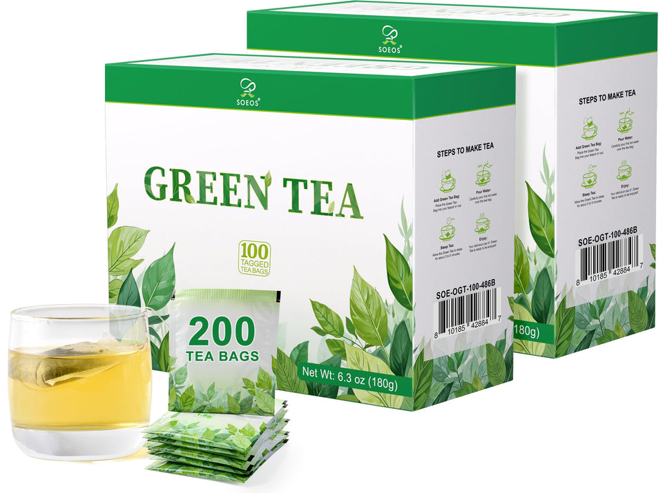 Soeos Green Tea packaging featuring premium leaves for freshness.