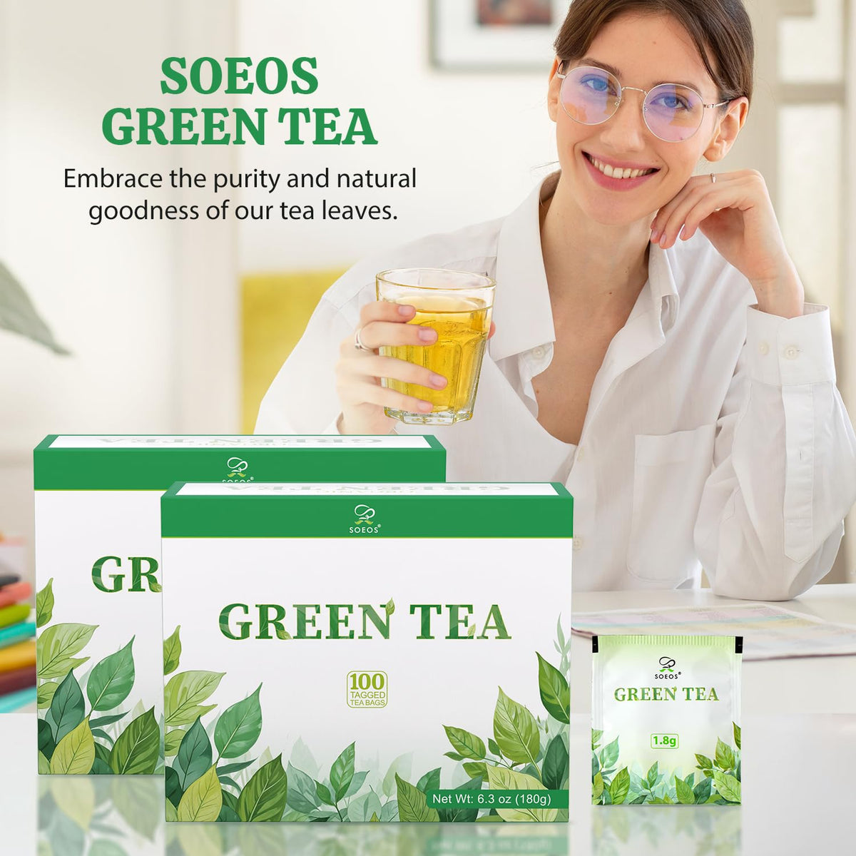 Soeos Green Tea bags arranged for quick, convenient brewing.