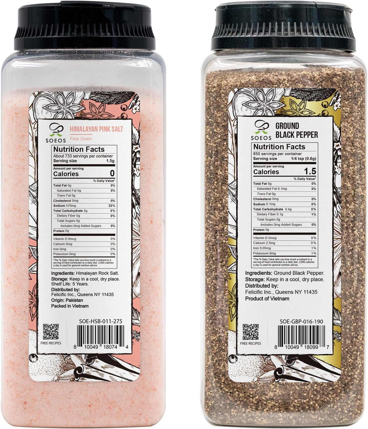 Soeos ground black peppercorns 18 oz bottle for depth and heat.