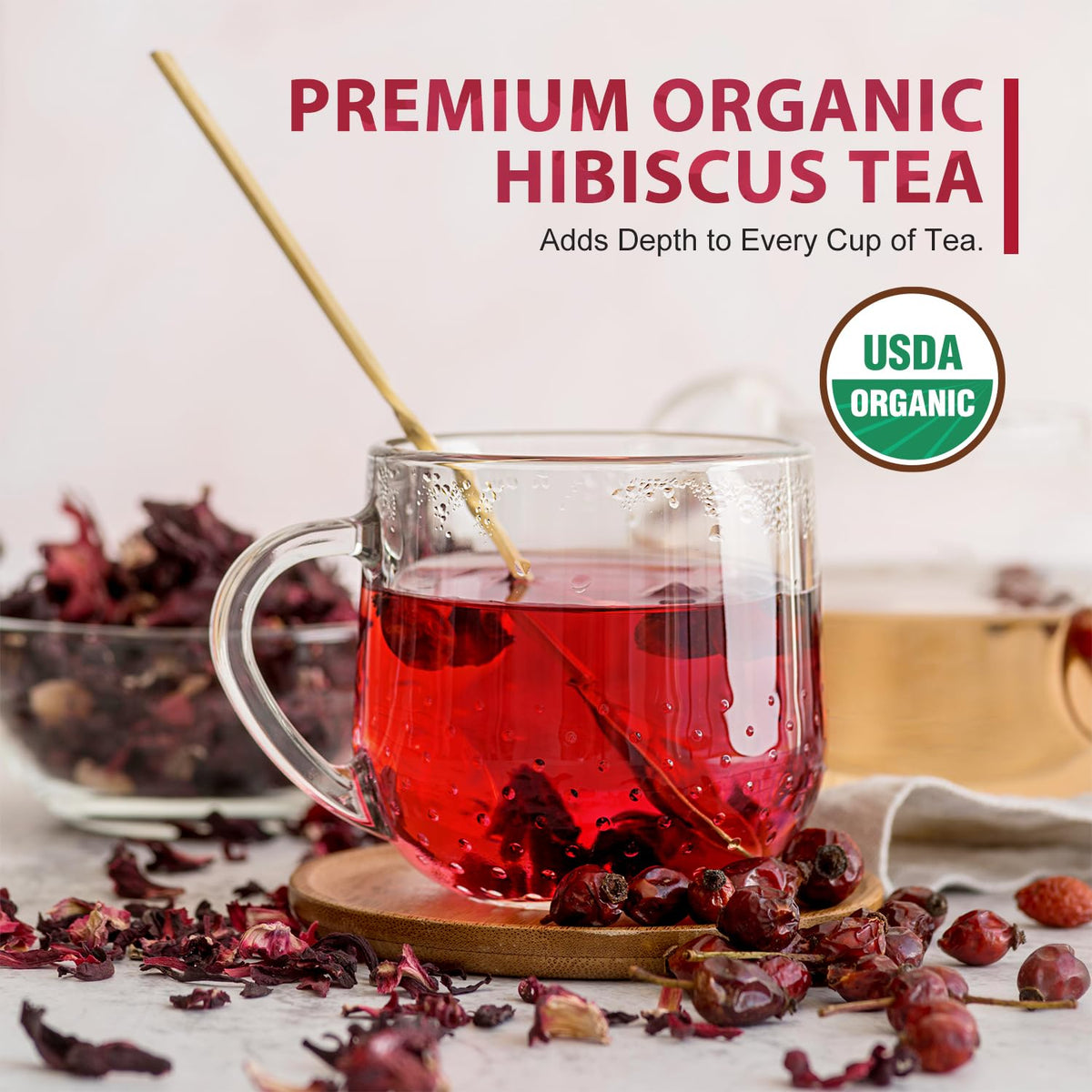 Soeos hibiscus tea iced in glass, refreshing caffeine-free option for summer.
