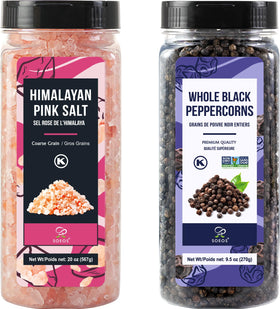 Soeos Himalayan pink salt 20oz bottle highlighting mineral-rich grains for seasoning.
