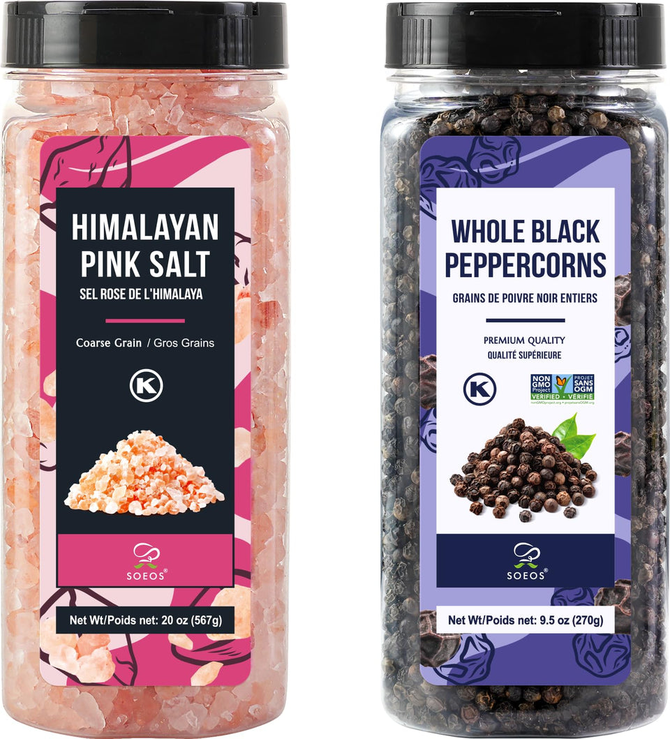 Soeos Himalayan pink salt 20oz bottle highlighting mineral-rich grains for seasoning.