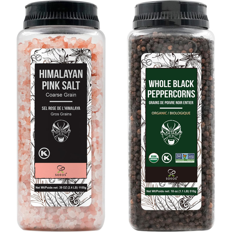 Soeos Himalayan pink salt coarse 39oz bottle shows crystal clarity for seasoning.