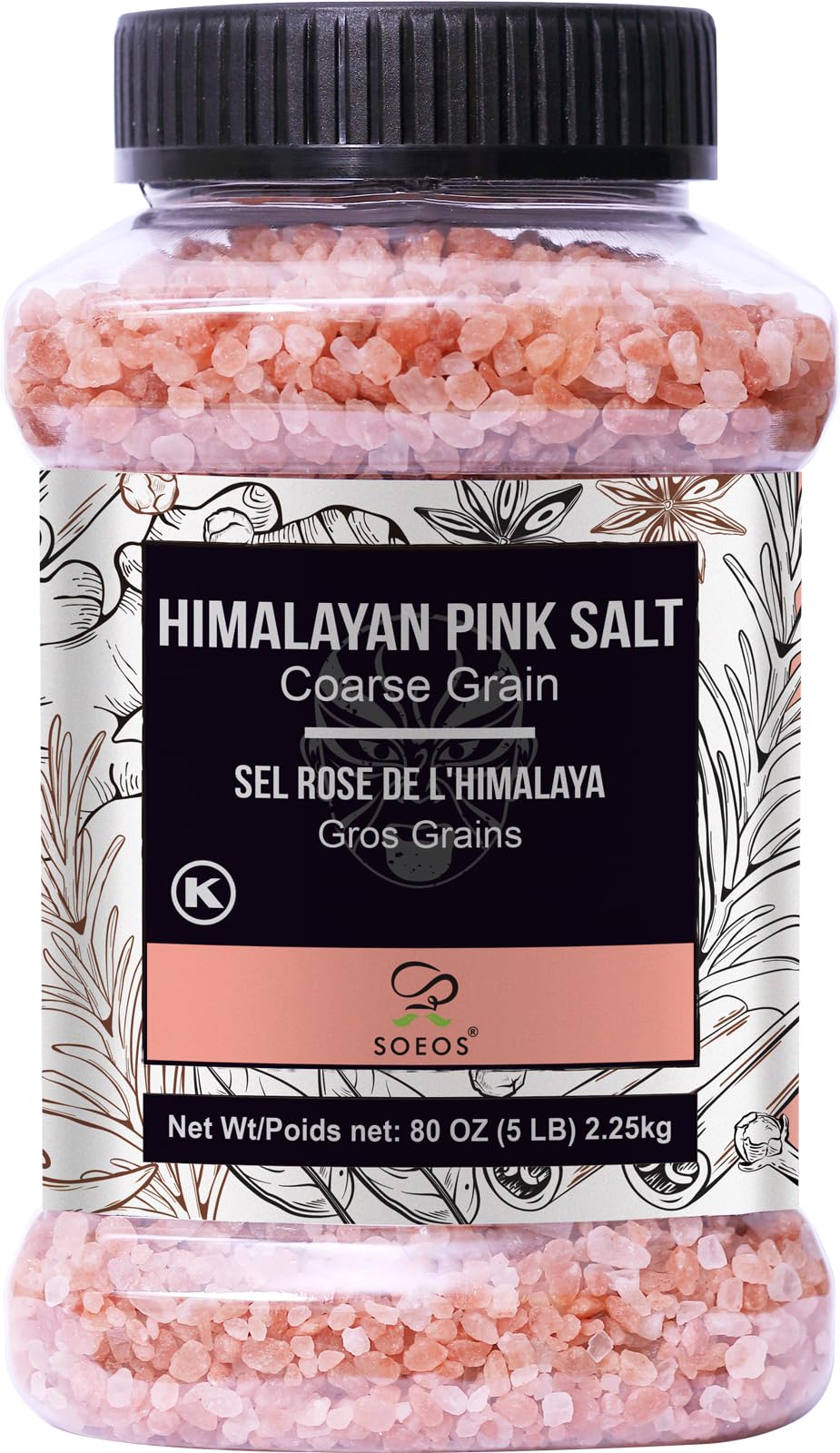 Soeos Himalayan Pink Salt coarse texture in a clear jar for easy grinder refills