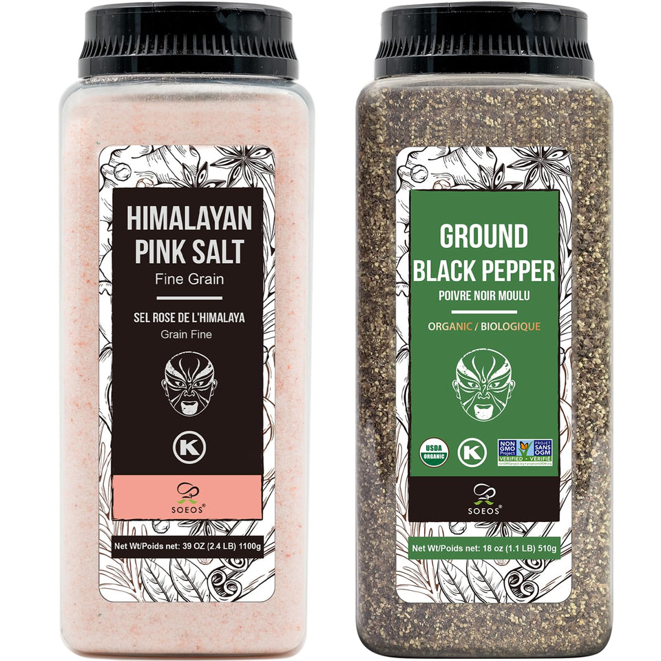 Soeos Himalayan pink salt crystals in a bottle for precise seasoning and freshness.