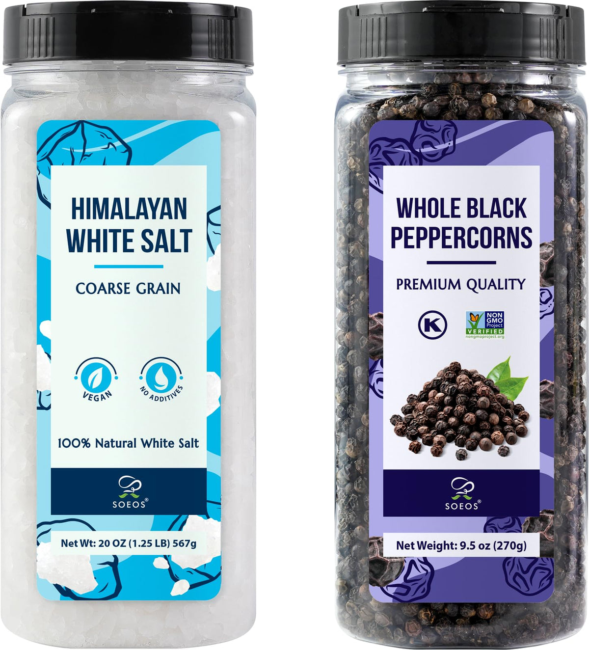 Soeos Himalayan white salt 20oz bottle for even seasoning.