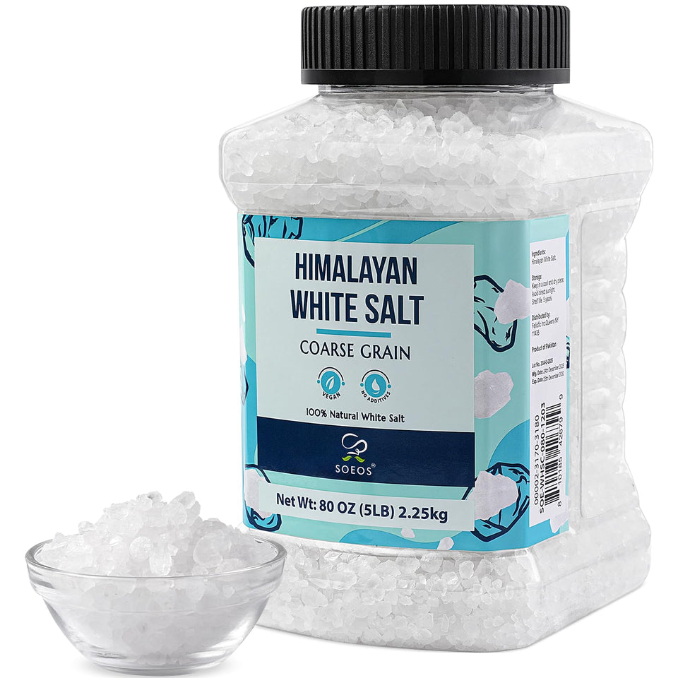 Soeos Himalayan White Salt coarse bottle for grinding and even seasoning.