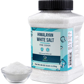 Soeos Himalayan White Salt Fine Grain closeup shows crystal texture for quick dissolving