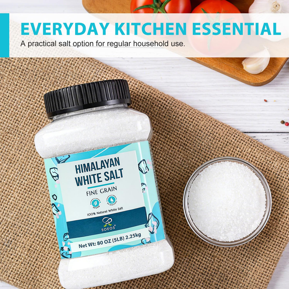 Soeos Himalayan White Salt Fine Grain kitchen-counter display as everyday essential