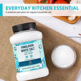 Soeos Himalayan White Salt Fine Grain kitchen-counter display as everyday essential