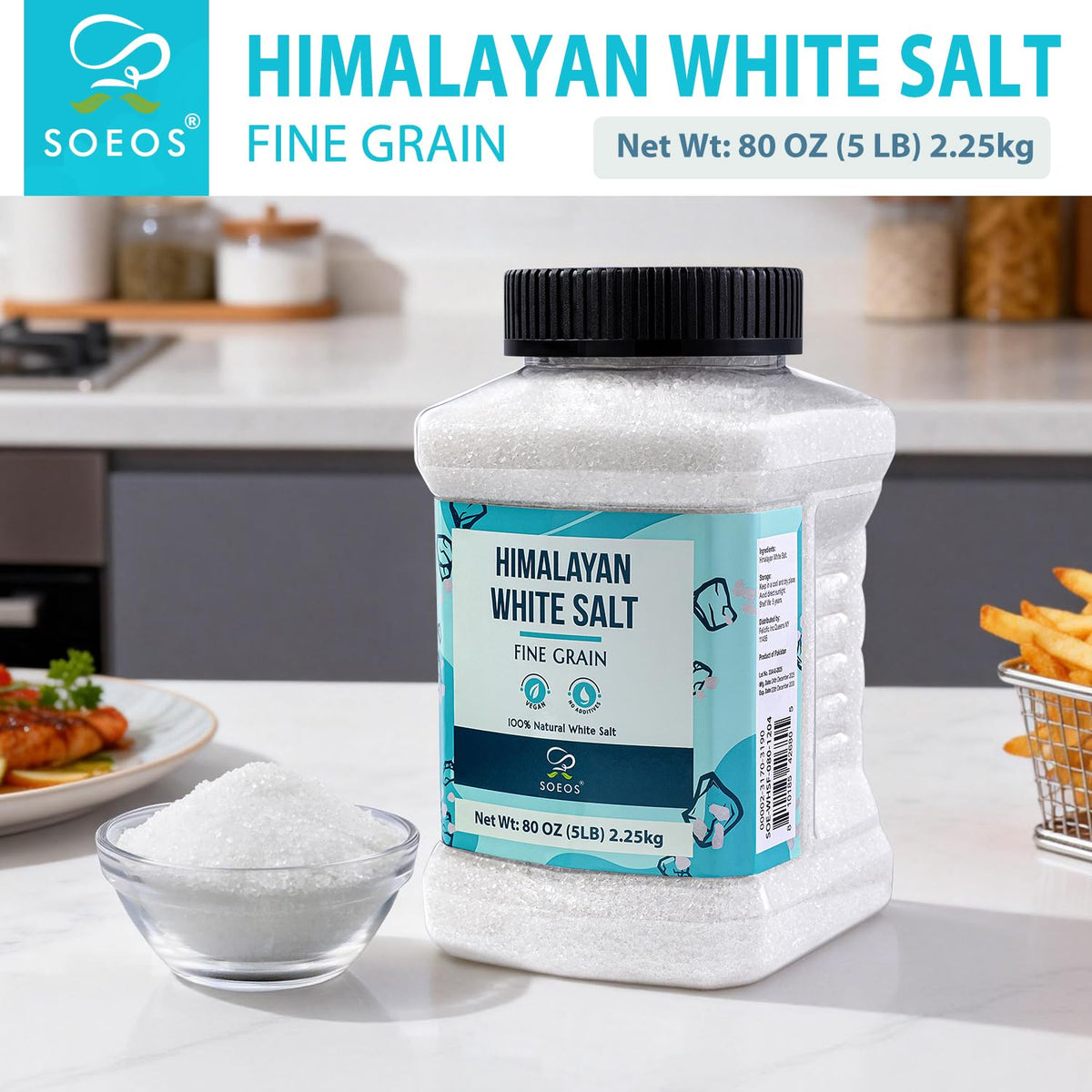 Soeos Himalayan White Salt Fine Grain shaker-dispense enables easy, even seasoning