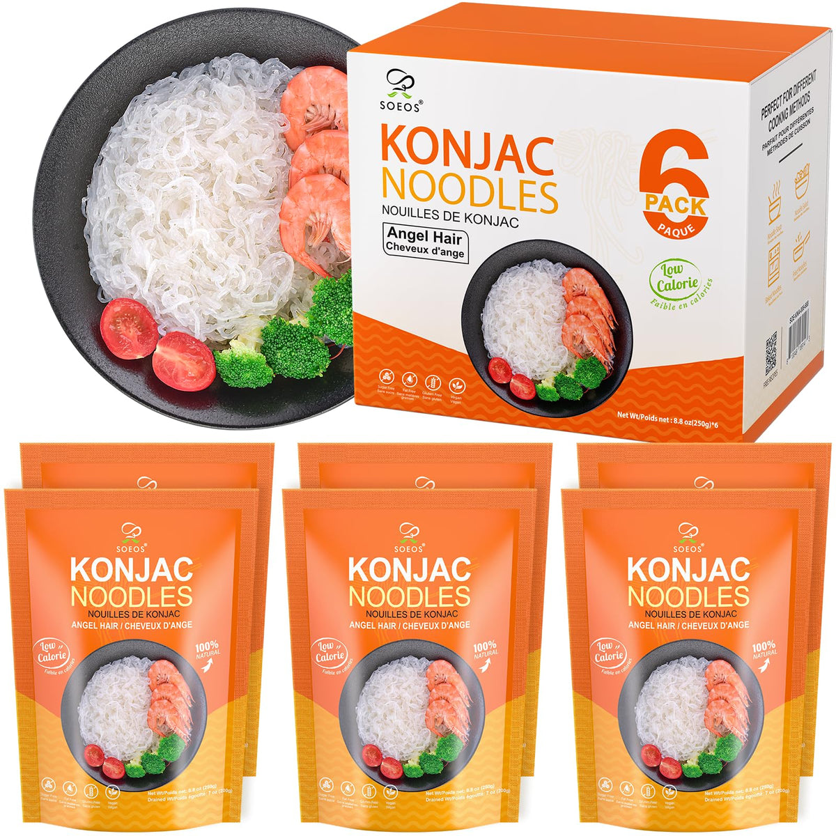 Soeos Konjac Noodles angel hair six-pack on shelf, a low-calorie choice.