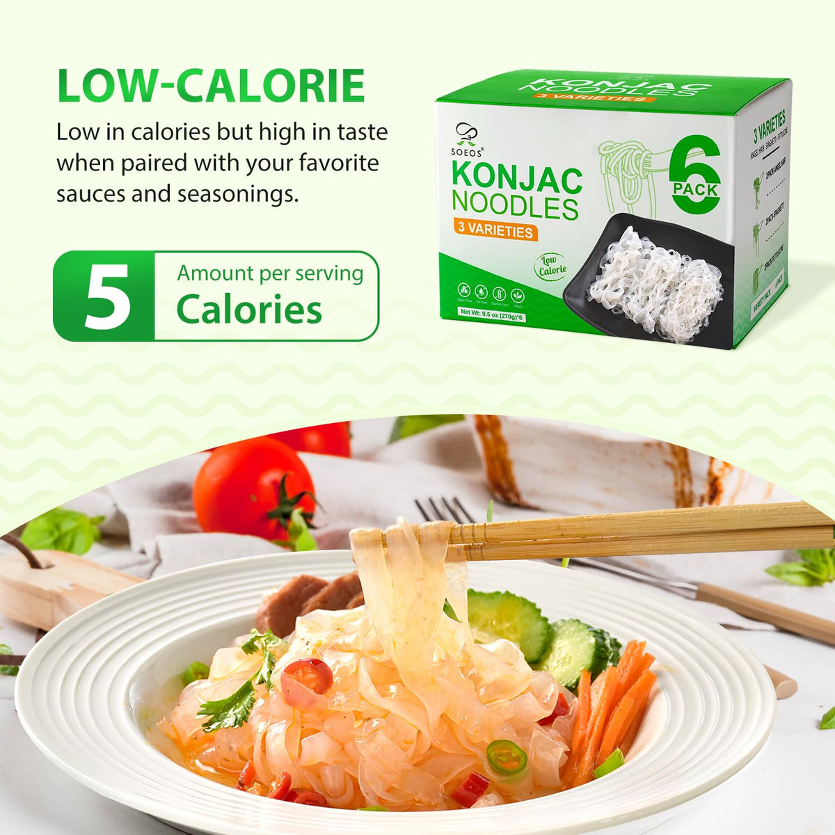 Soeos Konjac Noodles Angel Hair package for light, sauce-friendly dishes.