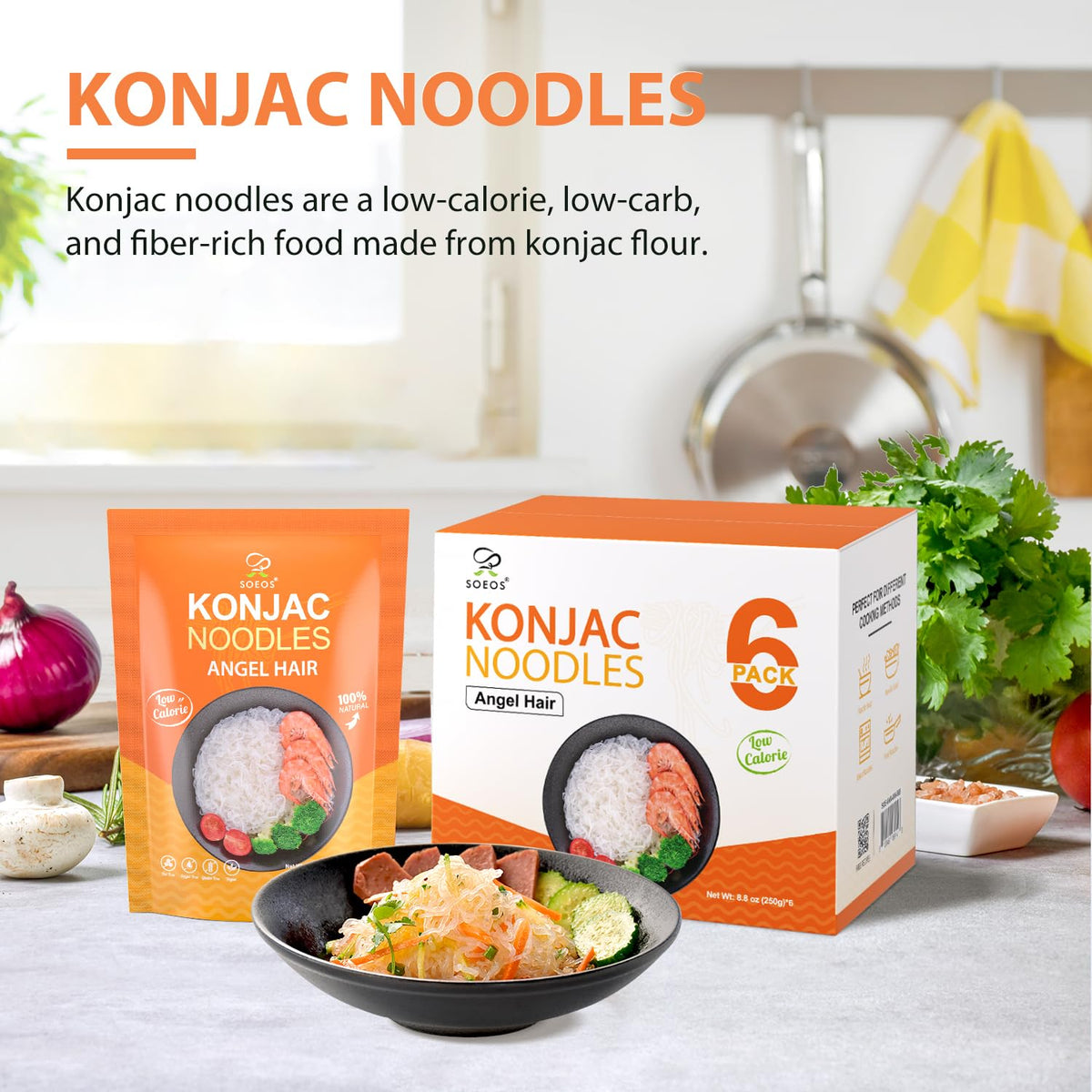 Plate of Soeos Konjac Noodles with glossy sauce.