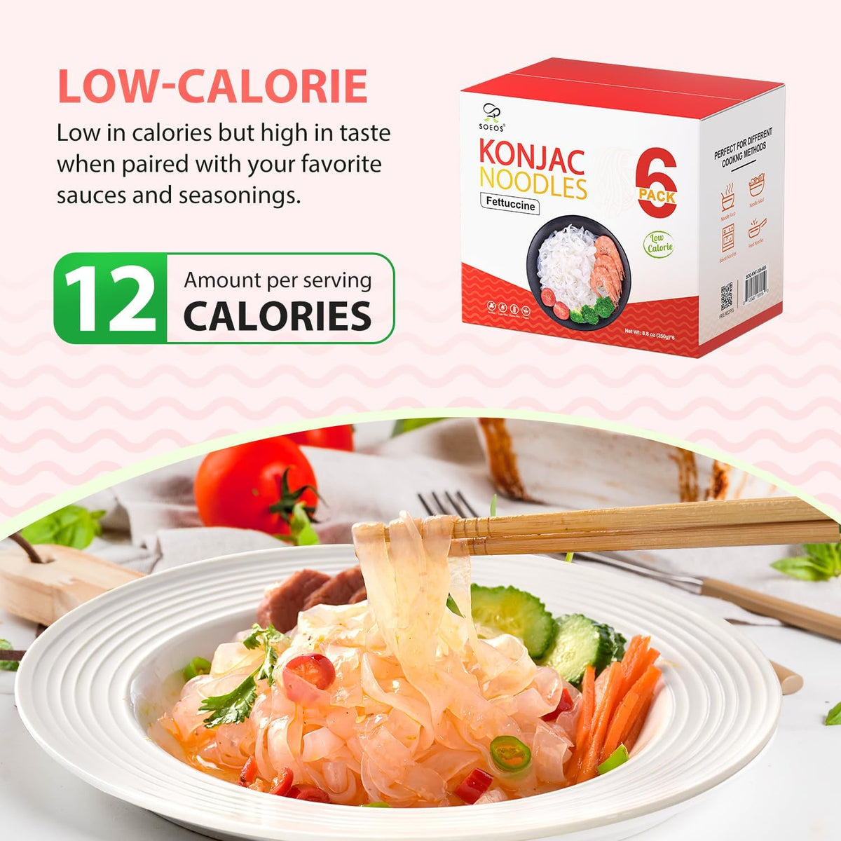 Soeos Konjac Noodles Fettuccine in a bowl with sauce highlights flavor absorption.