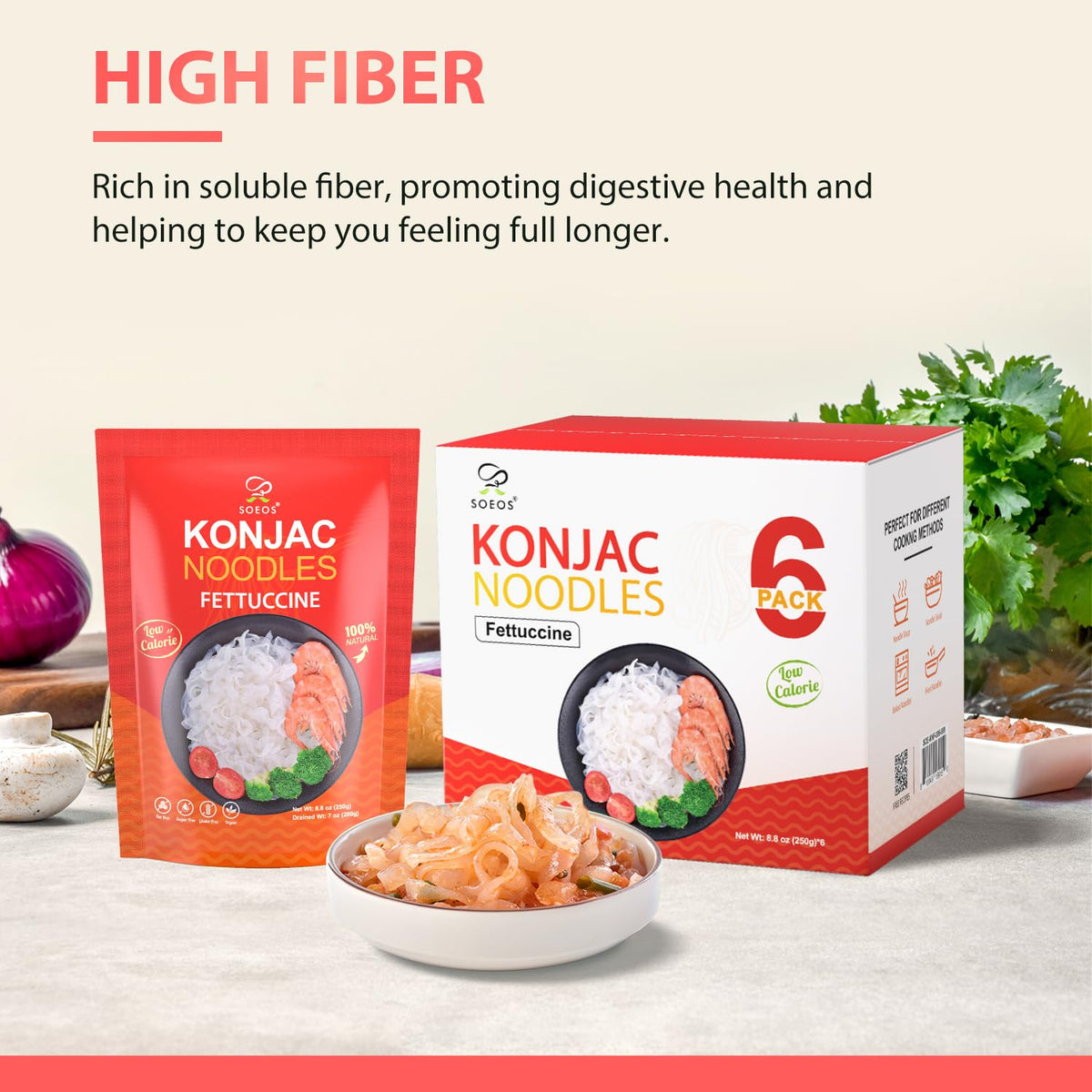 Soeos Konjac Noodles Fettuccine cooking in a pan with sauce example.