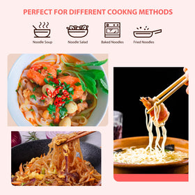 Label on Soeos Konjac Noodles Fettuccine highlights gluten-free and vegan attributes.