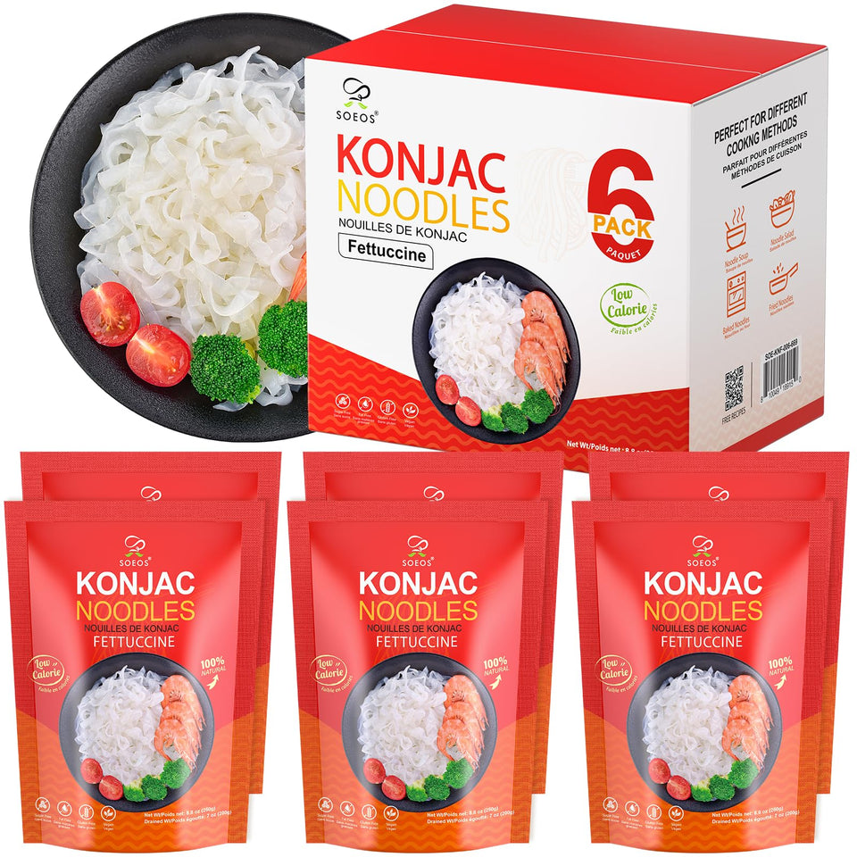 Soeos Konjac Noodles Fettuccine pack front view shows a low-calorie pasta option.