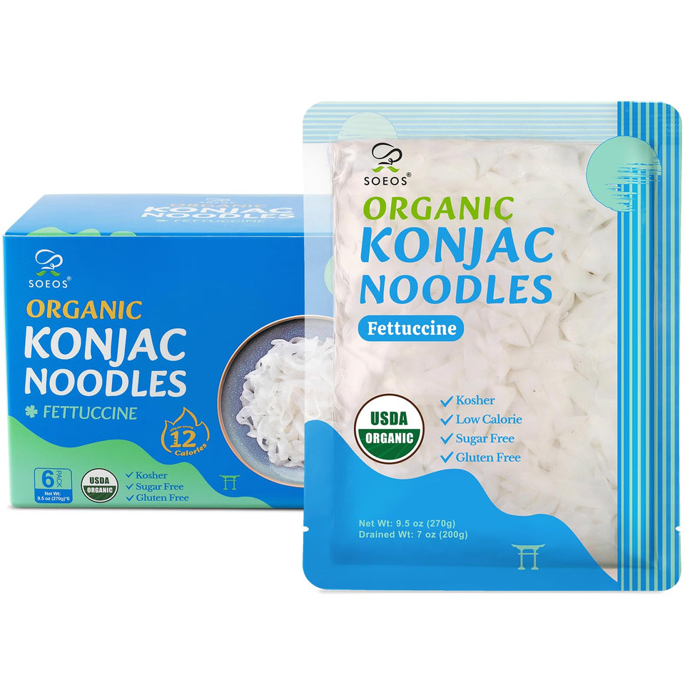 Soeos Konjac Noodles Fettuccine pack front shows gluten-free and low-calorie pasta option
