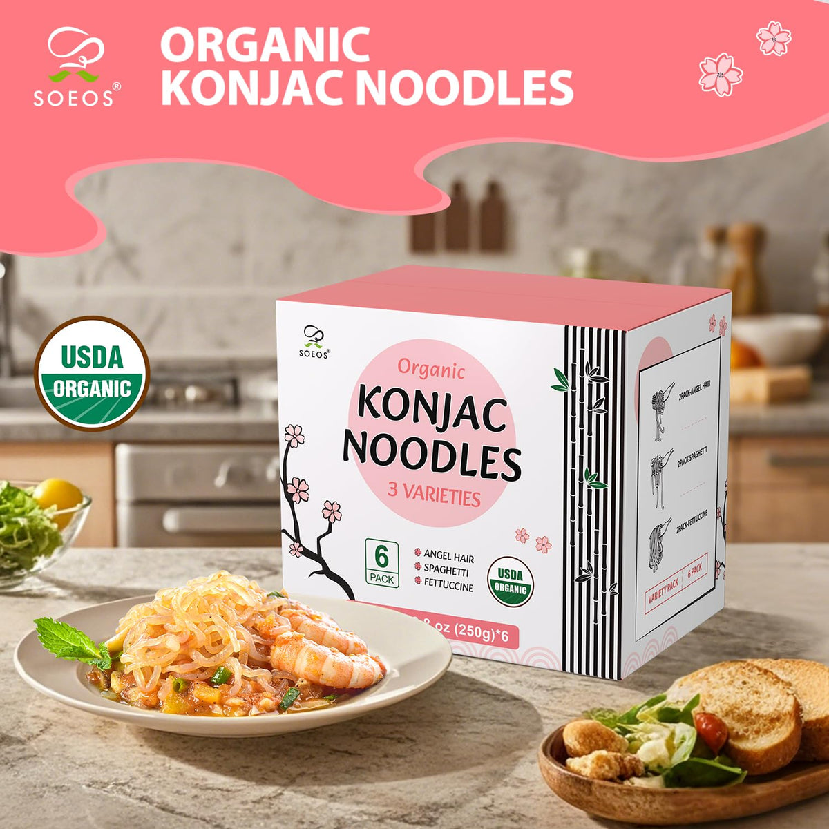 Soeos Konjac Noodles fettuccine pack ideal for light, sauce-friendly meals