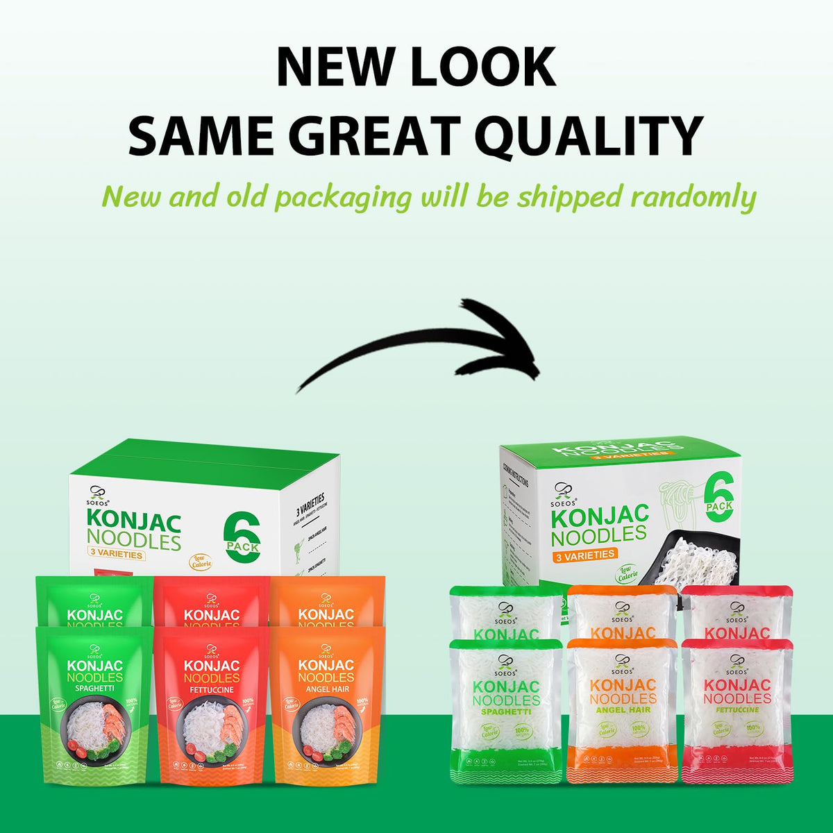 Soeos Konjac Noodles Fettuccine package highlights easy cooking for quick meals.