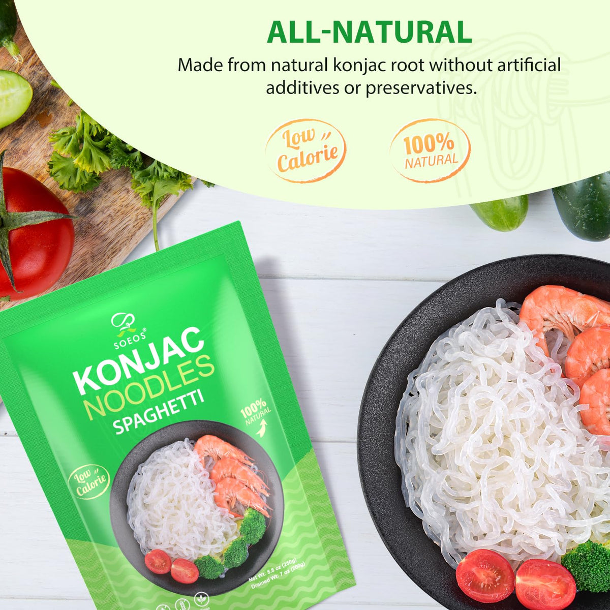 Soeos Konjac Noodles in sauce bowl demonstrates quick, versatile meal prep.