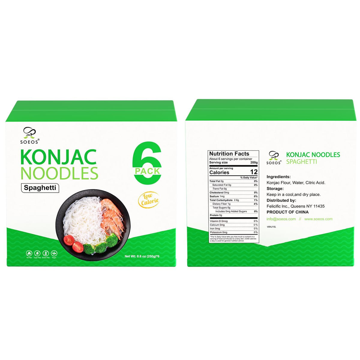 Soeos Konjac Noodles keto-vegan-friendly badge suggests dietary flexibility.