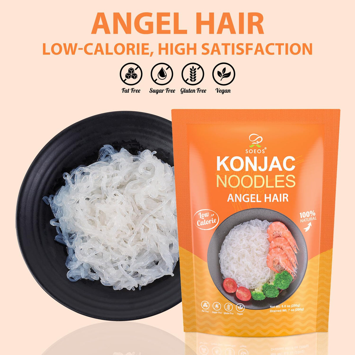 Soeos Konjac Noodles packaging close-up with gluten-free vegan badges.