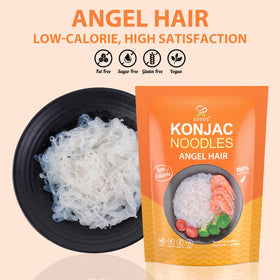 Soeos Konjac Noodles packaging close-up with gluten-free vegan badges.