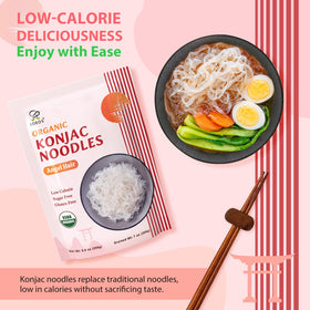 Raw, translucent konjac noodles ready to cook