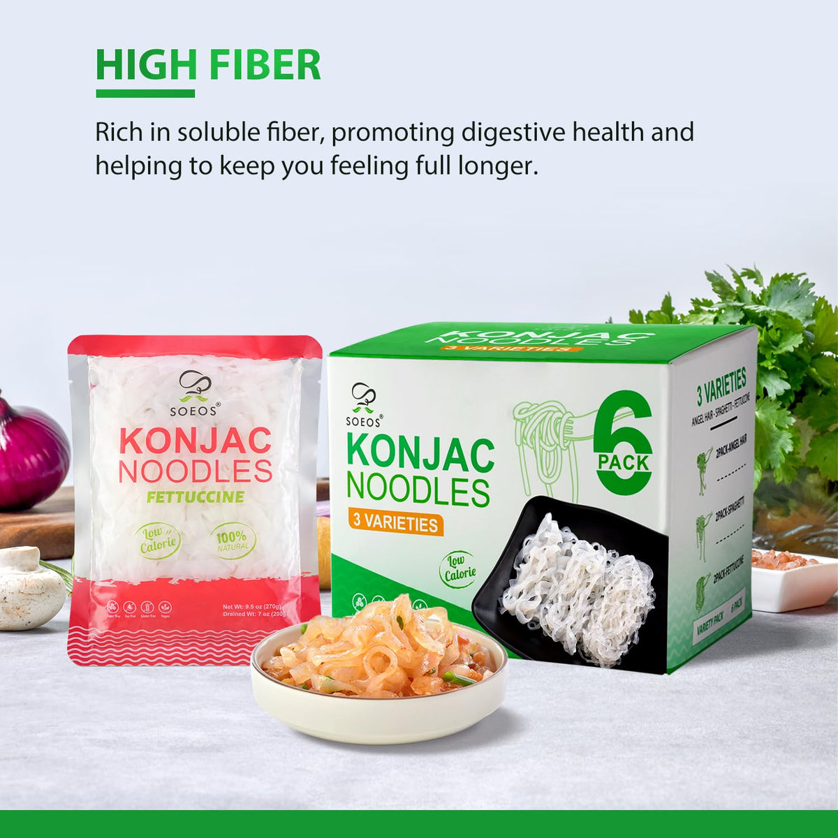 Soeos Konjac Noodles absorb sauces, ideal for flavorful bowls.